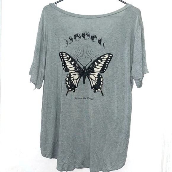 Womens Gray Butterfly Graphic Top 2X By Socialite Short Sleeves Round Neck High- - Picture 5 of 8